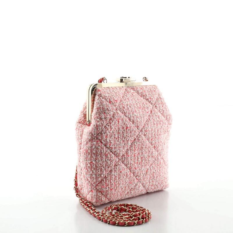 Beige Chanel Kiss Lock Phone Holder with Chain Quilted Tweed