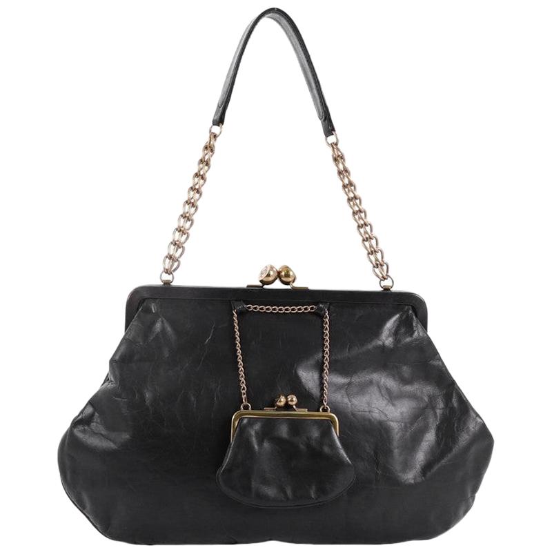 Chanel Kisslock Chain Frame Shoulder Bag Glazed Calfskin Large