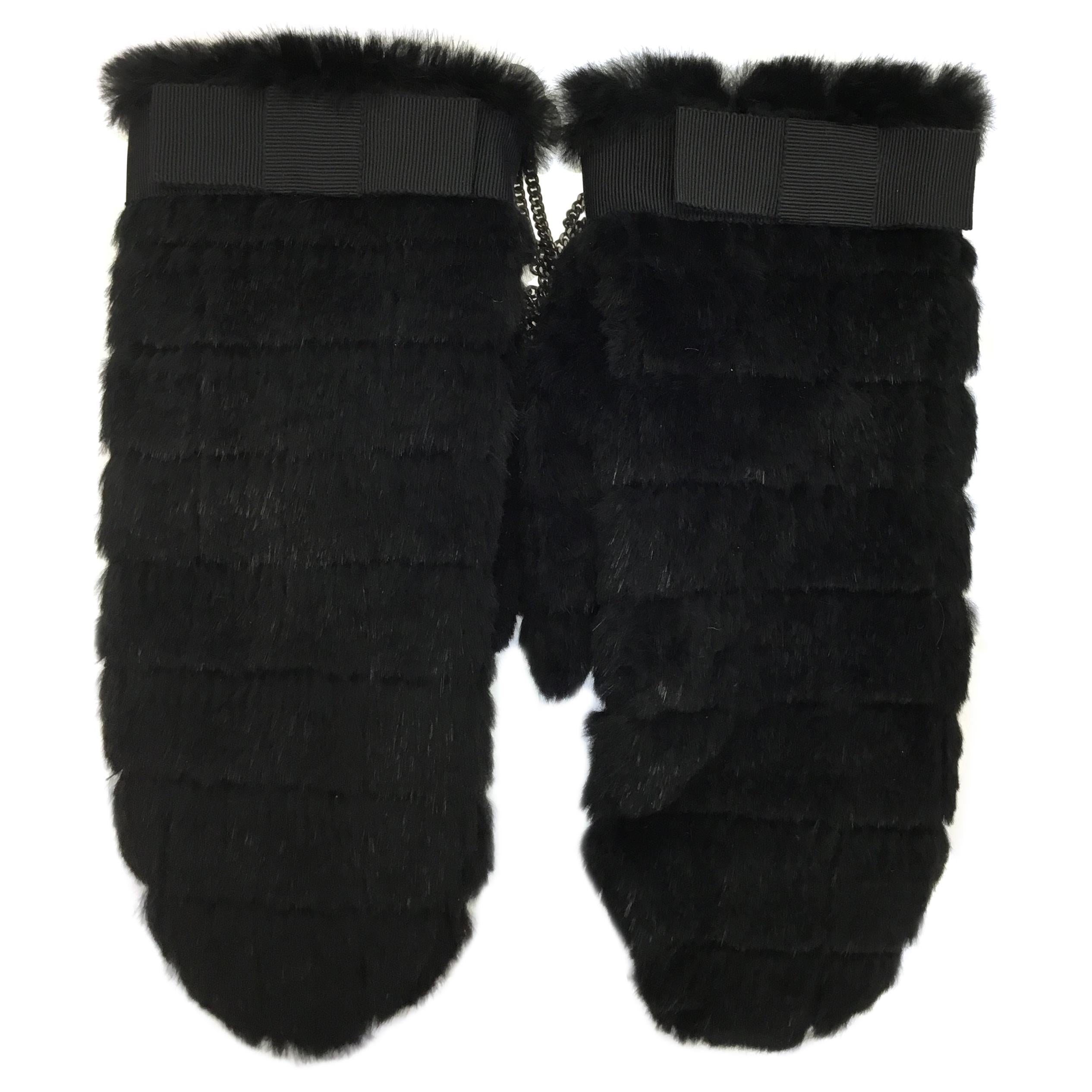 Chanel Knit Rabbit Fur Mittens with Chain