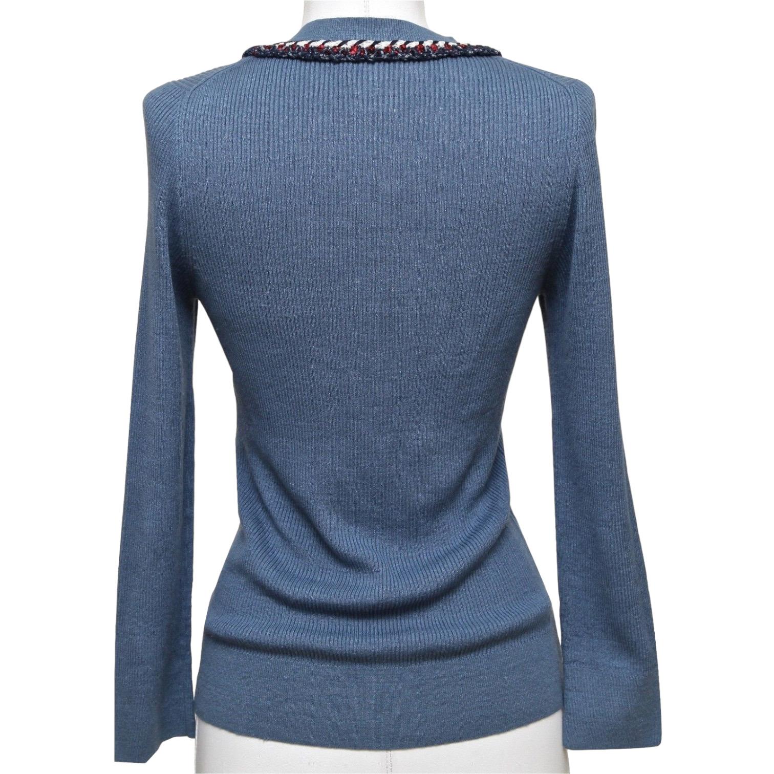 CHANEL Knit Sweater Top Long Sleeve Navy Red White Blue Silver HW 40 13C 2013 For Sale 1