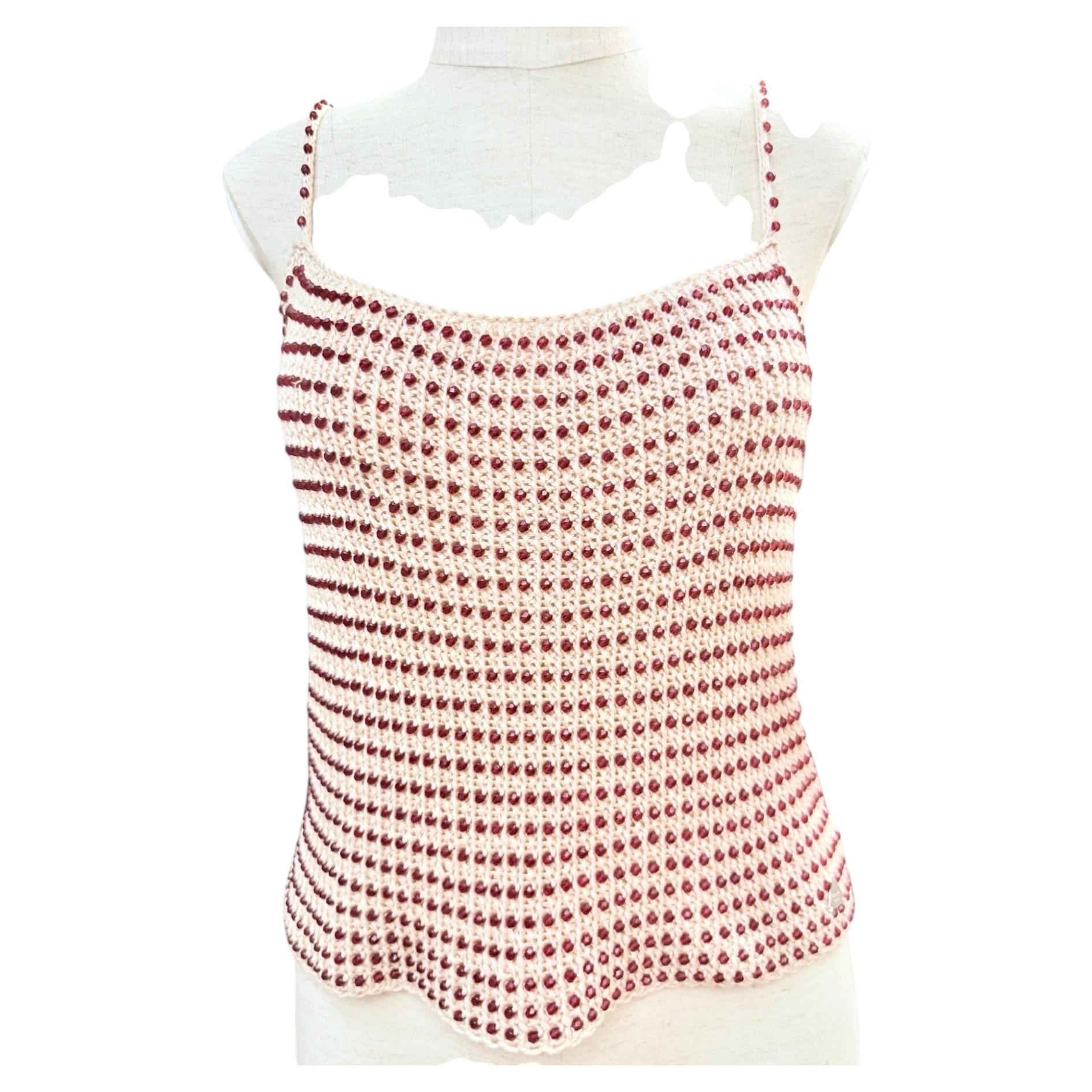 Chanel knitted beige embellished red beads tank top For Sale