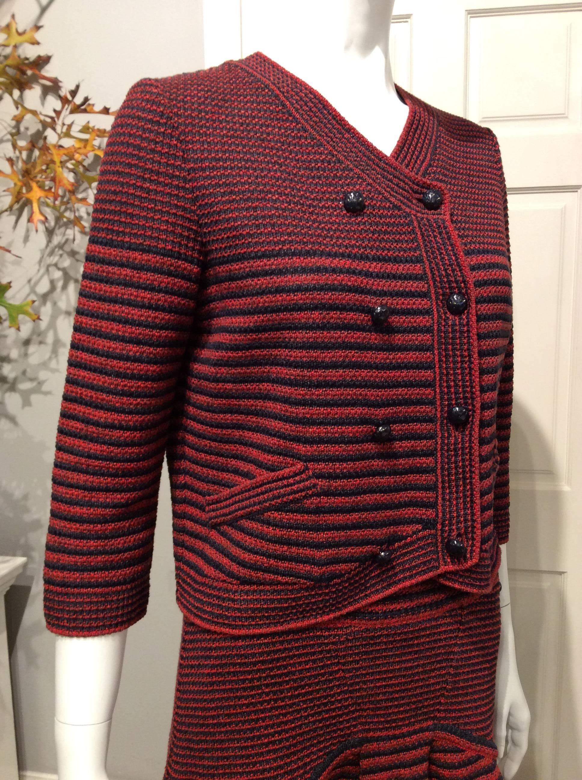 Women's Chanel Knitted Brick-red And Navy Two Piece Skirt Outfit Sz38 (Us4) For Sale