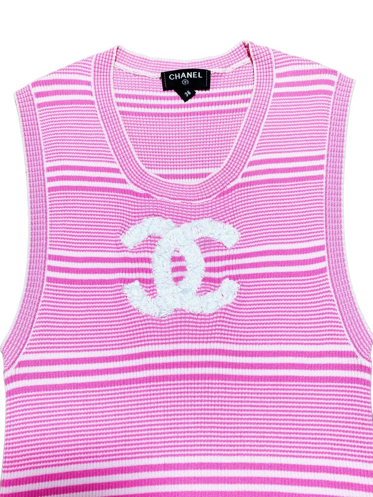 Chanel Knitted Striped Pink Tank Top - 19C Collection For Sale at