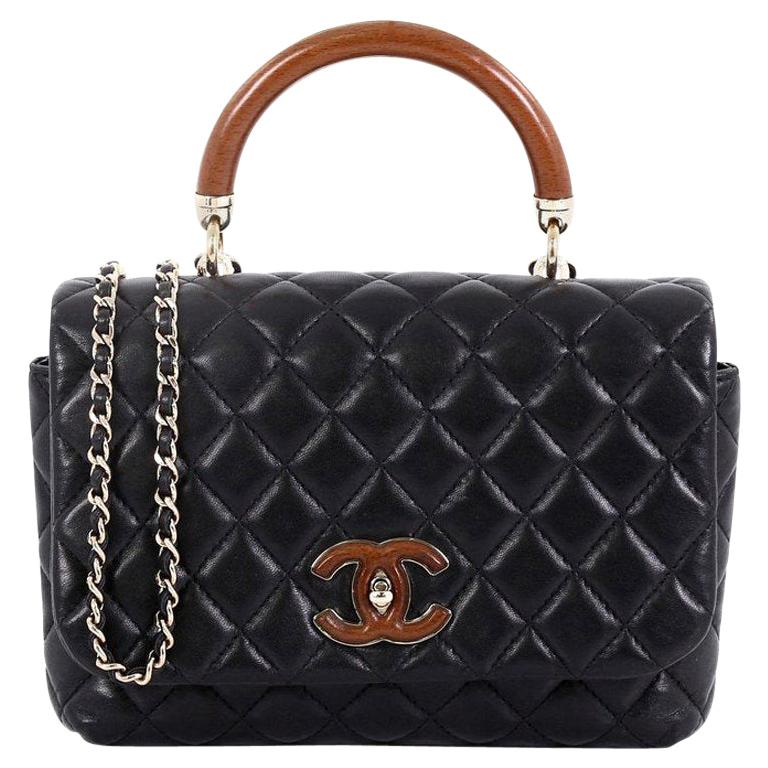 Chanel Black Quilted Lambskin Wood Handle Flap Bag Gold Hardware