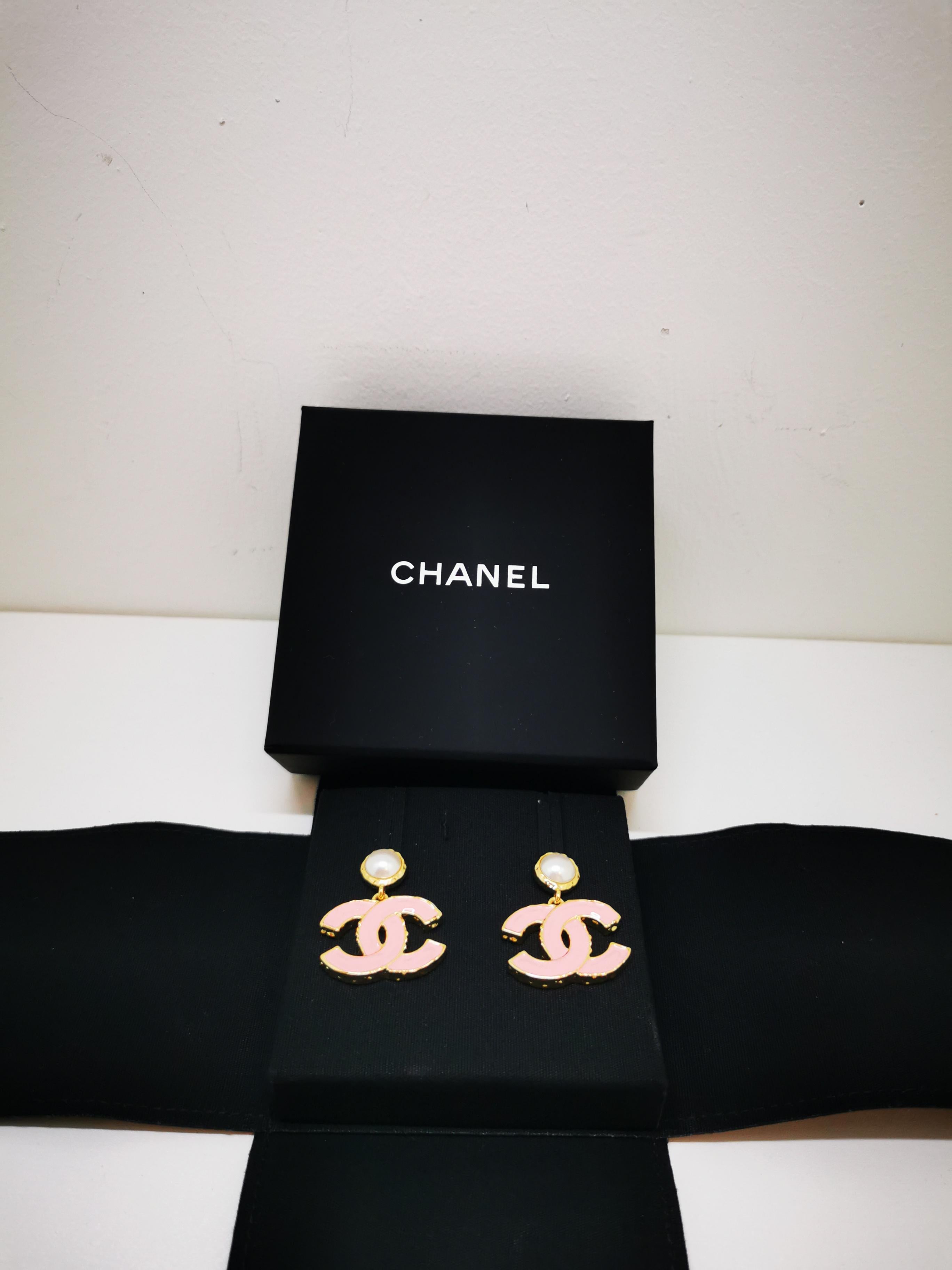 Chanel L23 Pink Enamel Large CC Pearl Earrings 1