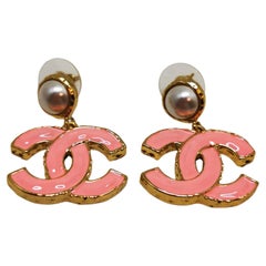 Chanel L23 Pink Enamel Large CC Pearl Earrings