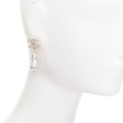 CHANEL L25S champagne gold CC logo crystal pave drop pearl pin earrings pair