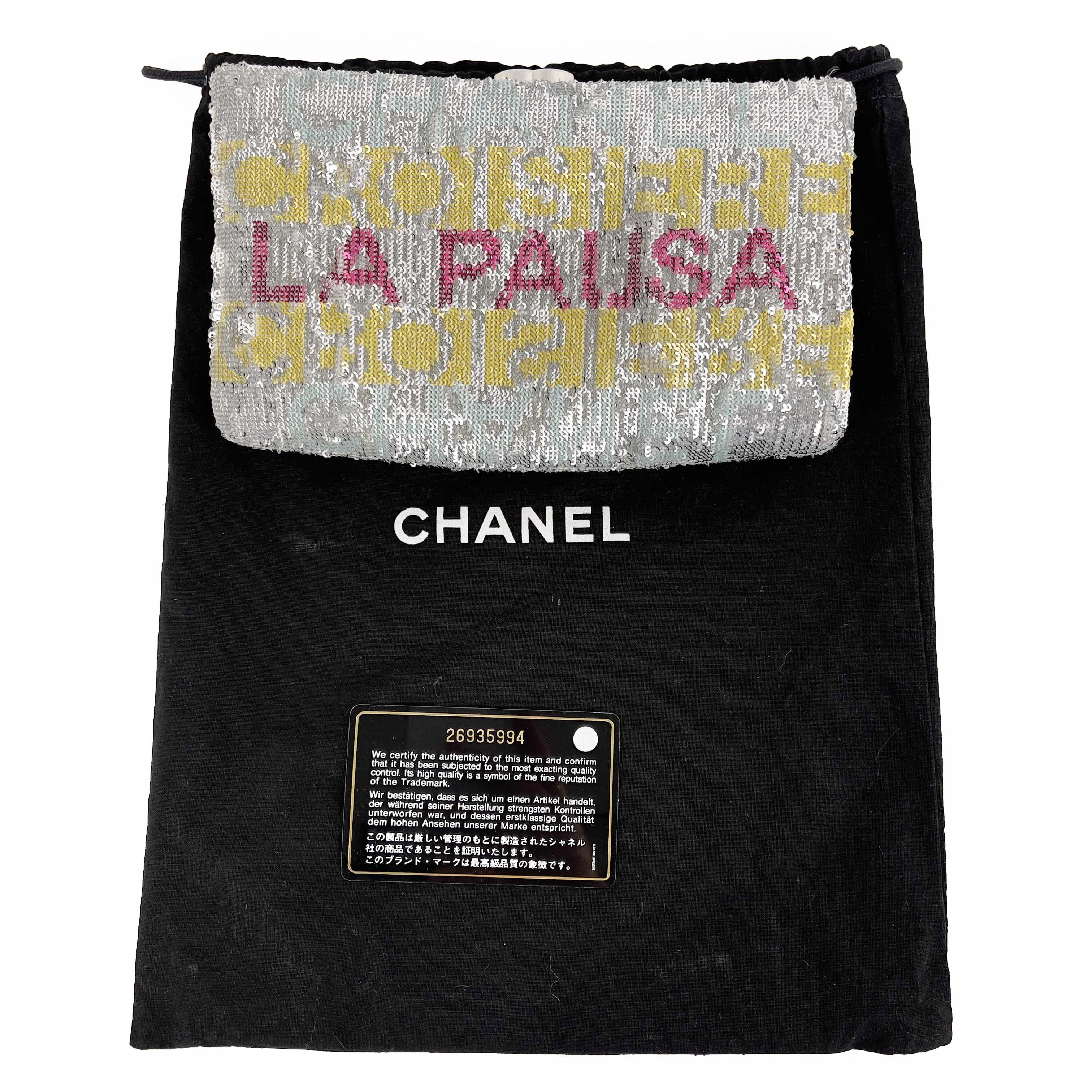 CHANEL La Pausa Embroidered Satin Sequin Clutch Bag Silver Handbag 2