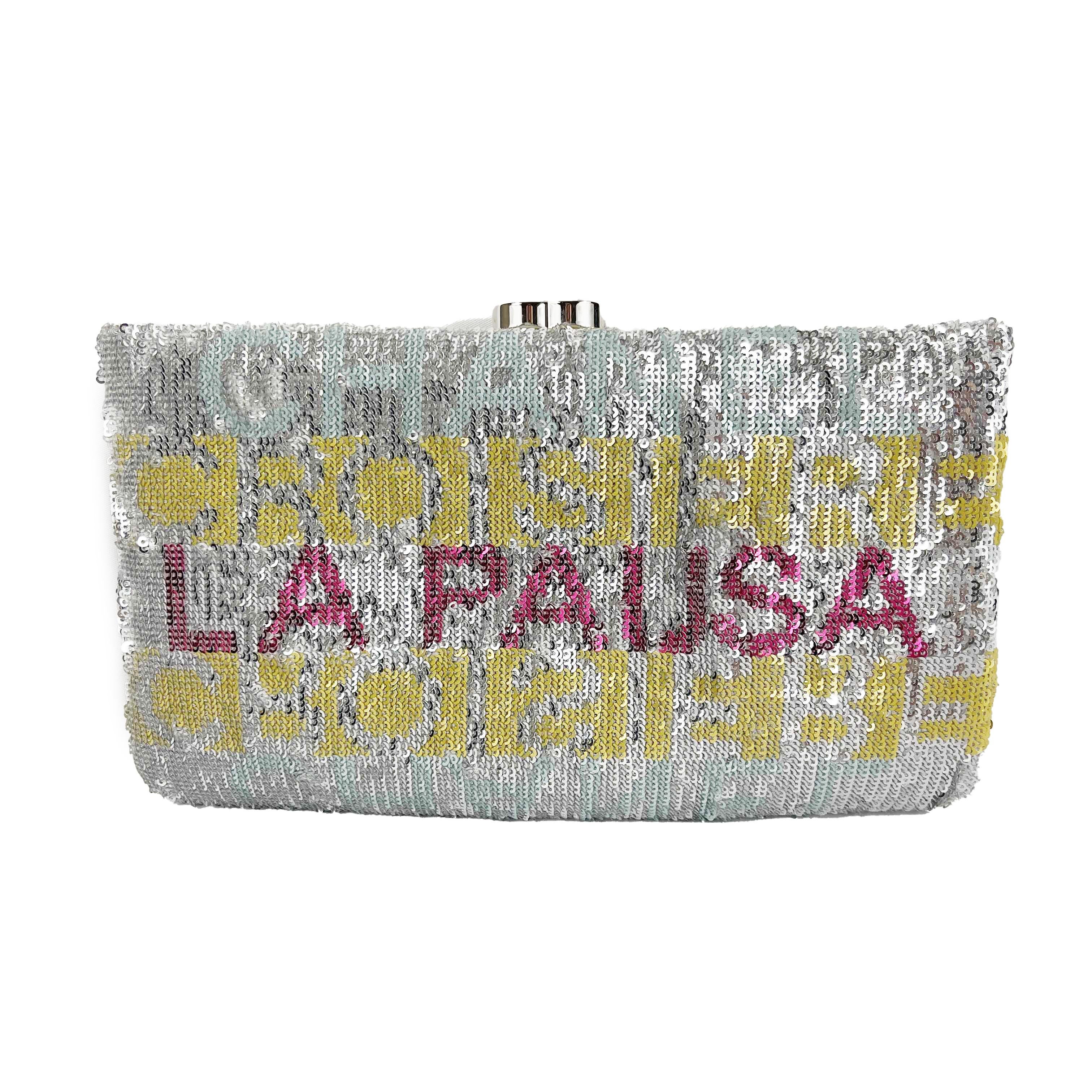 CHANEL La Pausa Embroidered Satin Sequin Clutch Bag Silver Handbag 3