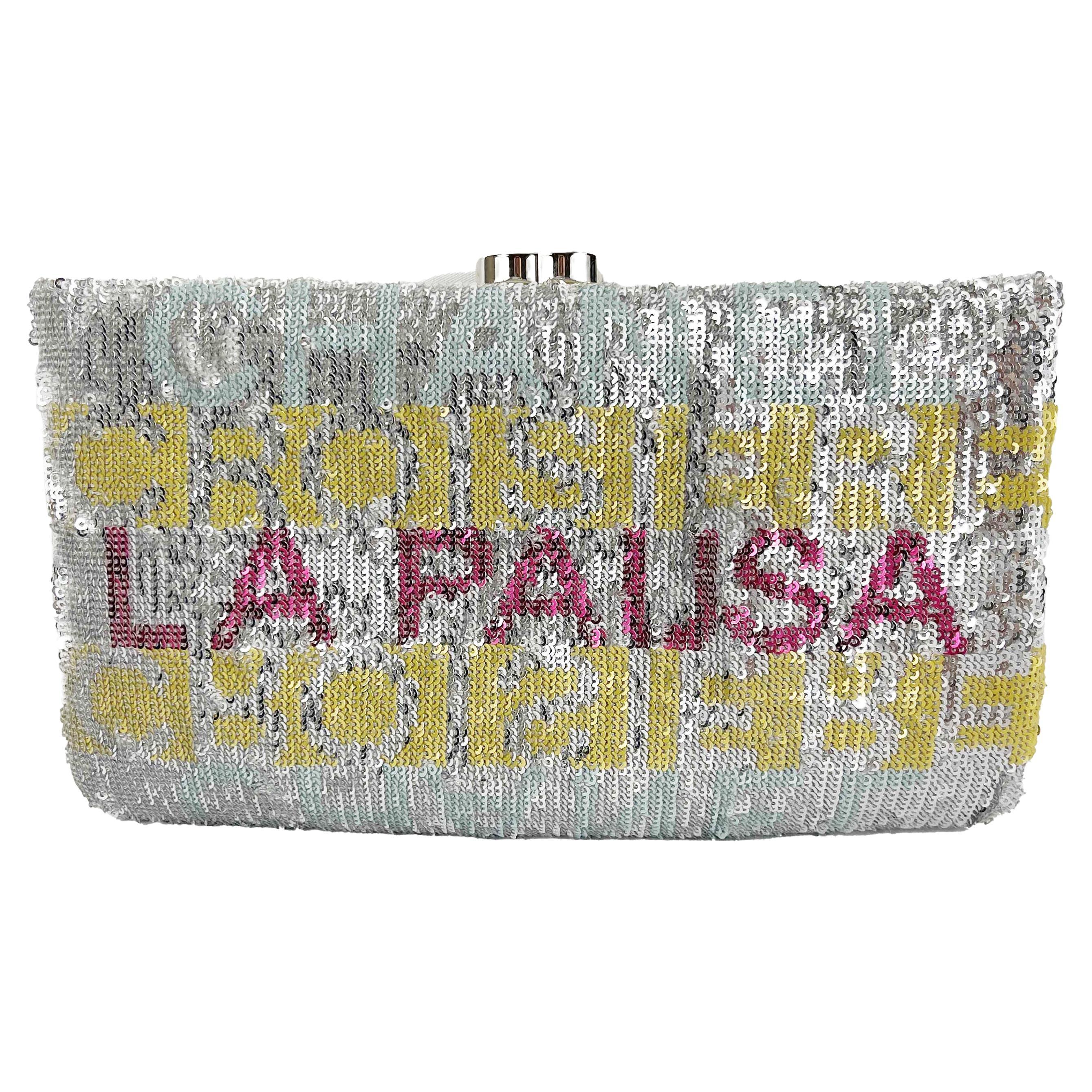 CHANEL La Pausa Embroidered Satin Sequin Clutch Bag Silver Handbag