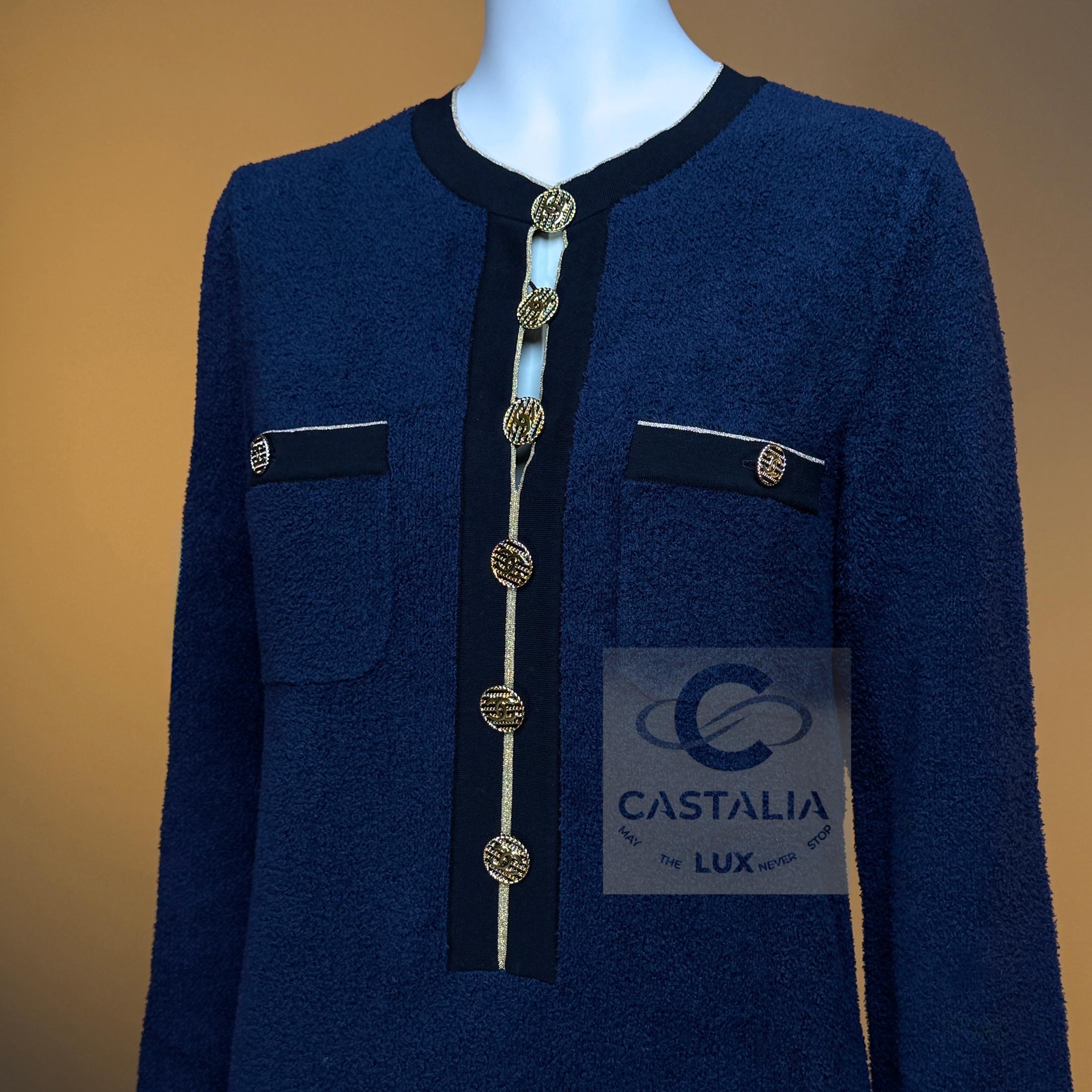 CHANEL La Pausa Luminarias Estilo Vestido Icónico Azul Marino 36 FR en venta 7