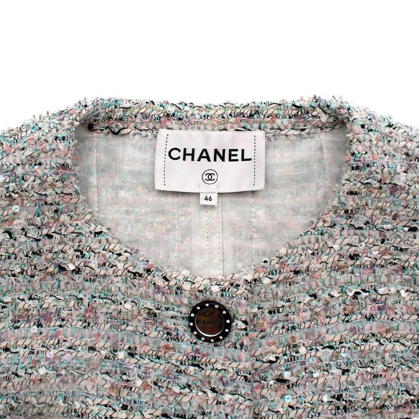 Gray Chanel La Pausa Resort Blue Grey Tweed Collarless Jacket For Sale