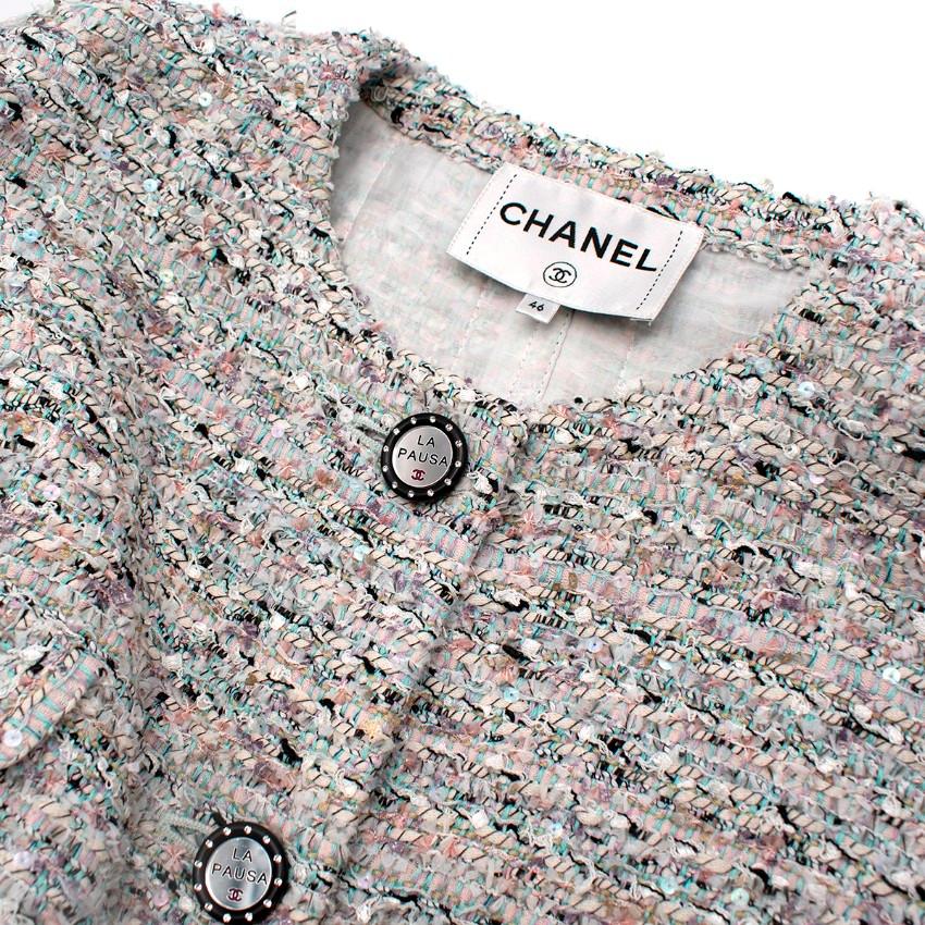 Chanel La Pausa Resort Blue Grey Tweed Collarless Jacket In Excellent Condition For Sale In London, GB