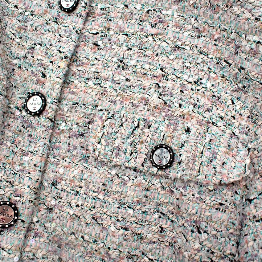 Women's Chanel La Pausa Resort Blue Grey Tweed Collarless Jacket For Sale
