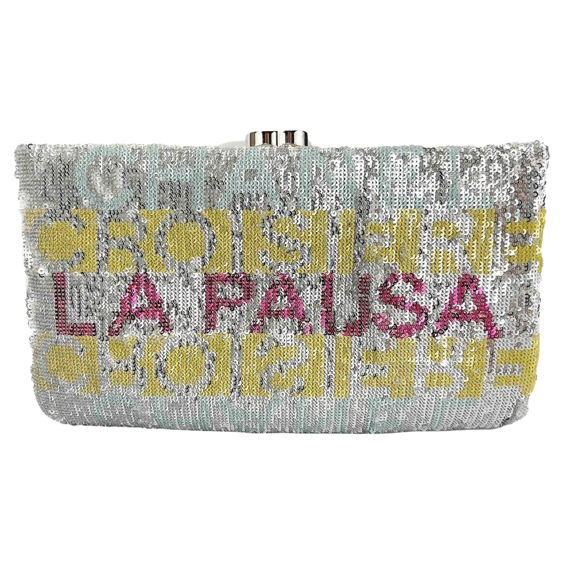 Chanel La Pausa Small Embroidered Satin Silver Sequin Clutch Bag