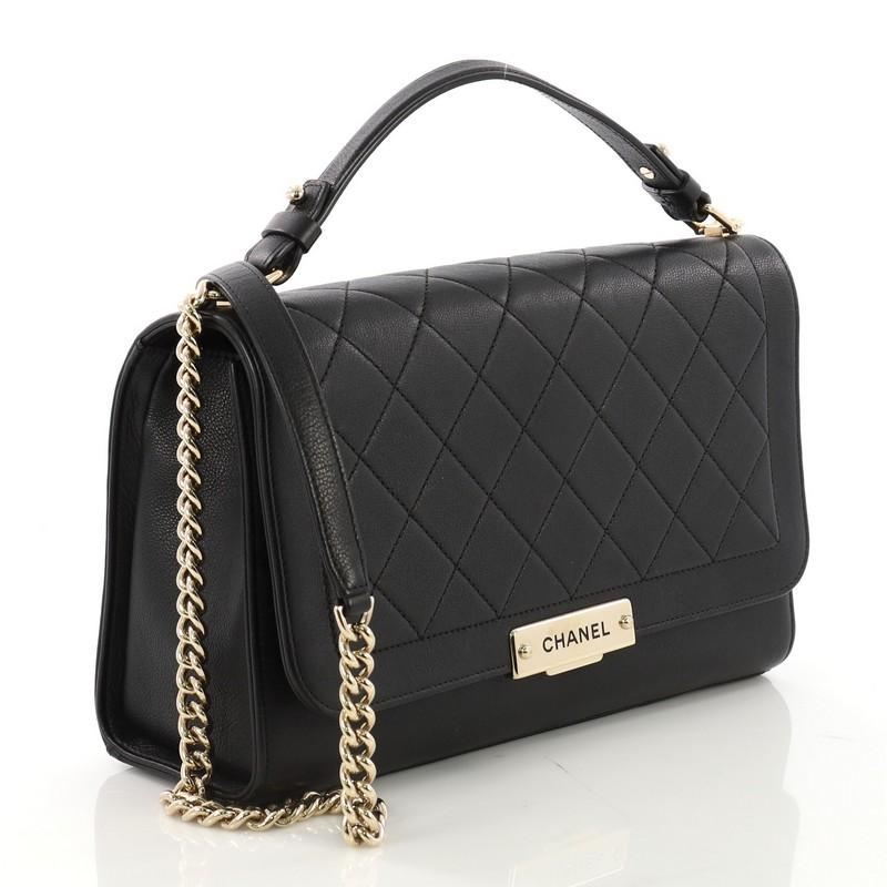 Black Chanel Label Click Flap Bag Quilted Calfskin Large