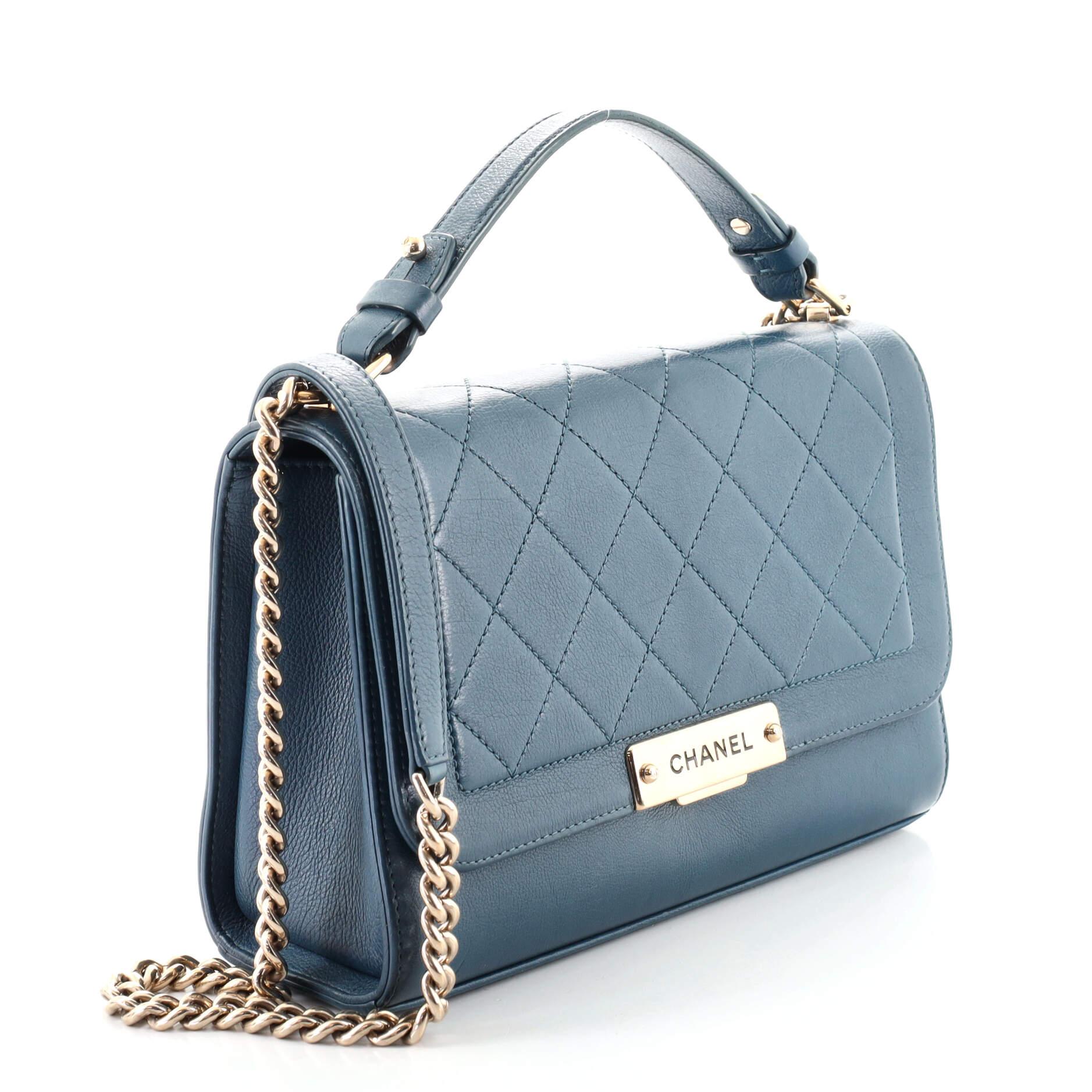 Blue Chanel Label Click Flap Bag Quilted Calfskin Medium