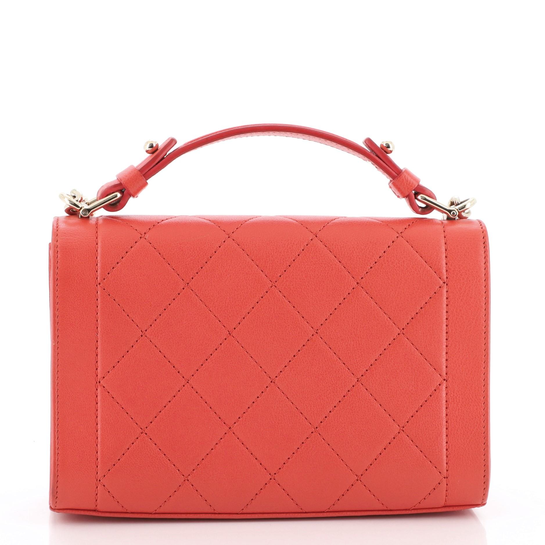 Red Chanel Label Click Flap Bag Quilted Calfskin Small