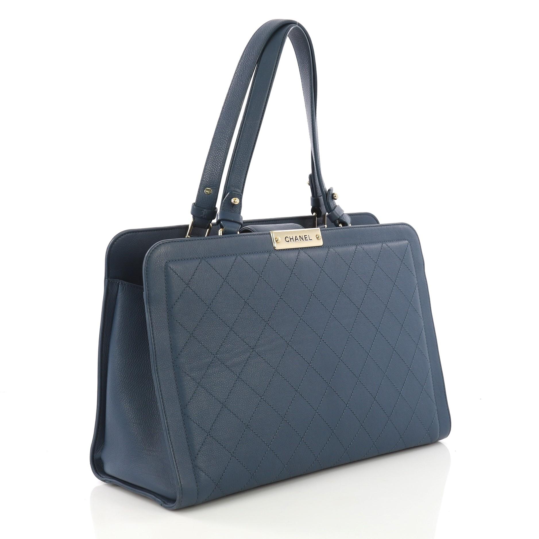 Black Chanel Label Click Shopping Tote Quilted Calfskin Large