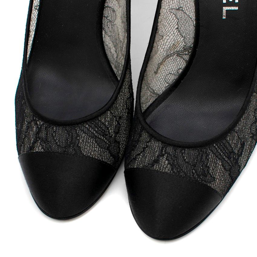 Black Chanel Lace And Satin Cap Toe Pumps 36.5 For Sale
