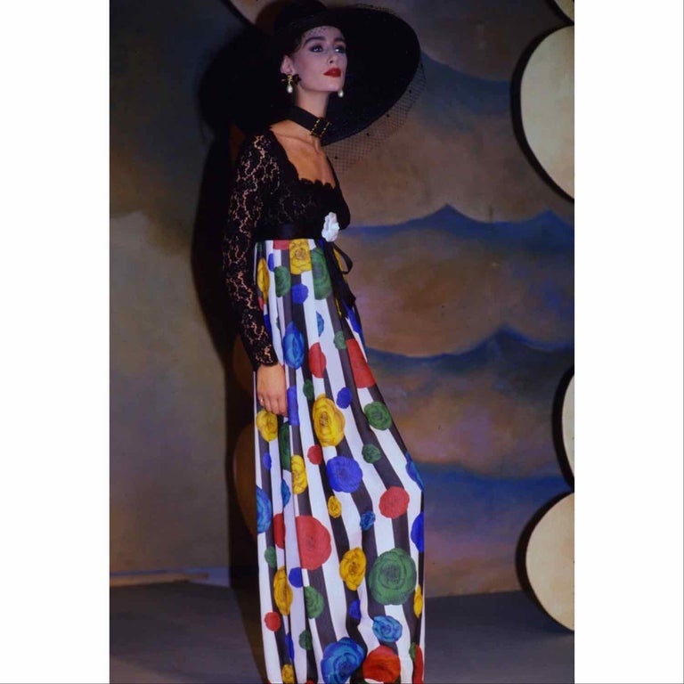 Chanel Lace Striped Camellia Empire Dress S/S 1988 For Sale at