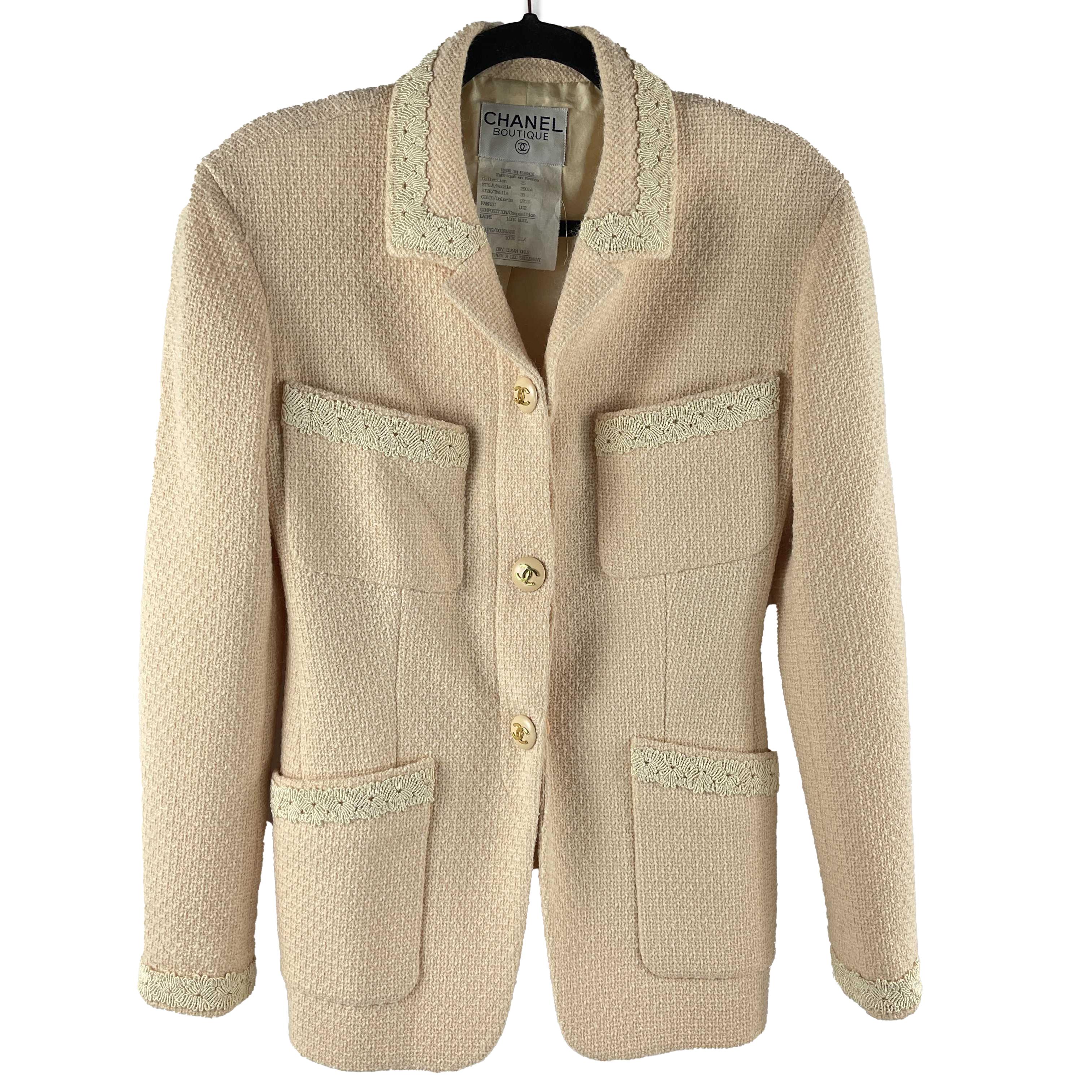 Brown CHANEL- Lace Trim Pink Tweed Jacket Skirt Suit Set CC Buttons 38 US 6 Vintage For Sale