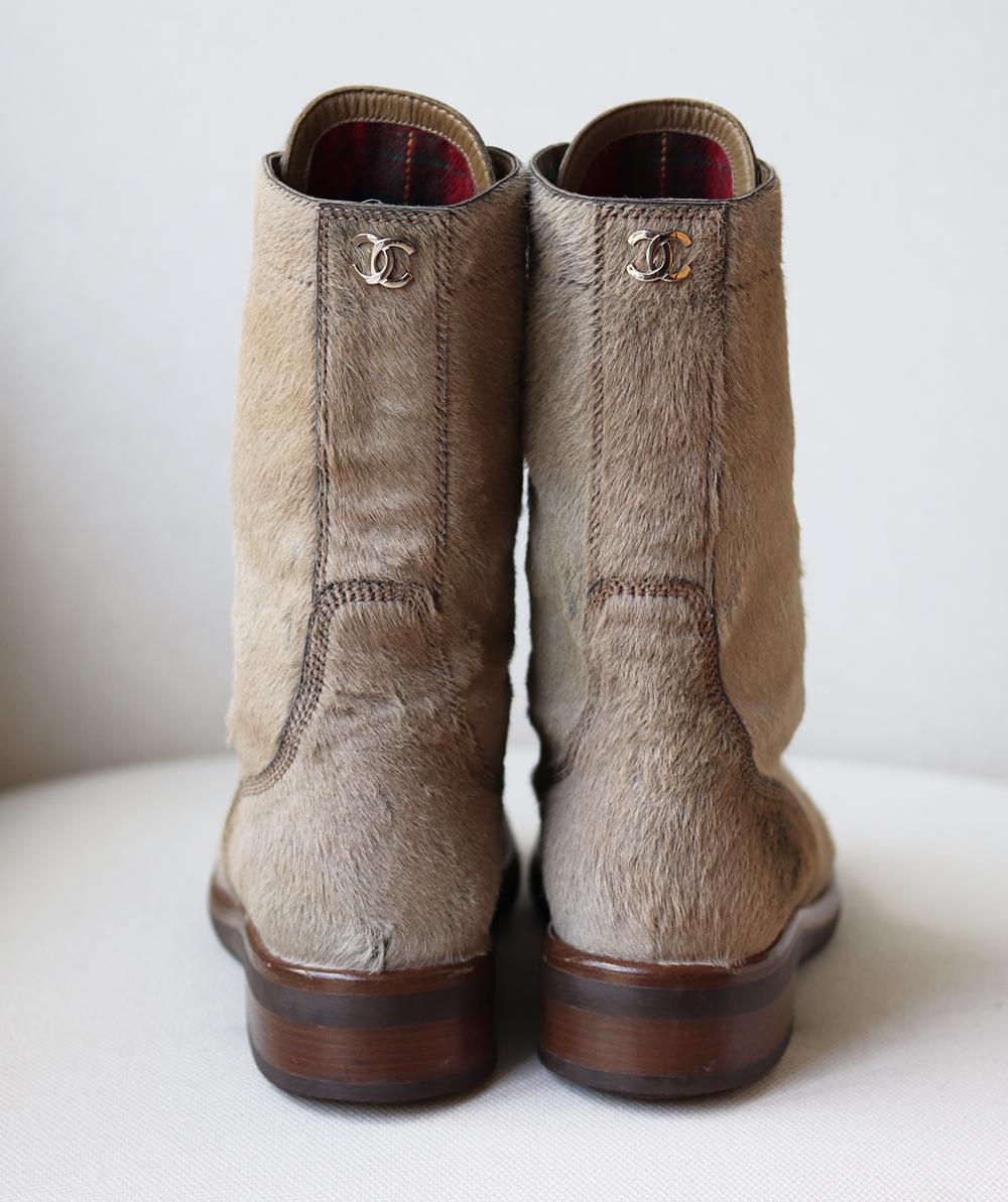 Brown Chanel Lace-Up Calf-Hair Ankle Boots