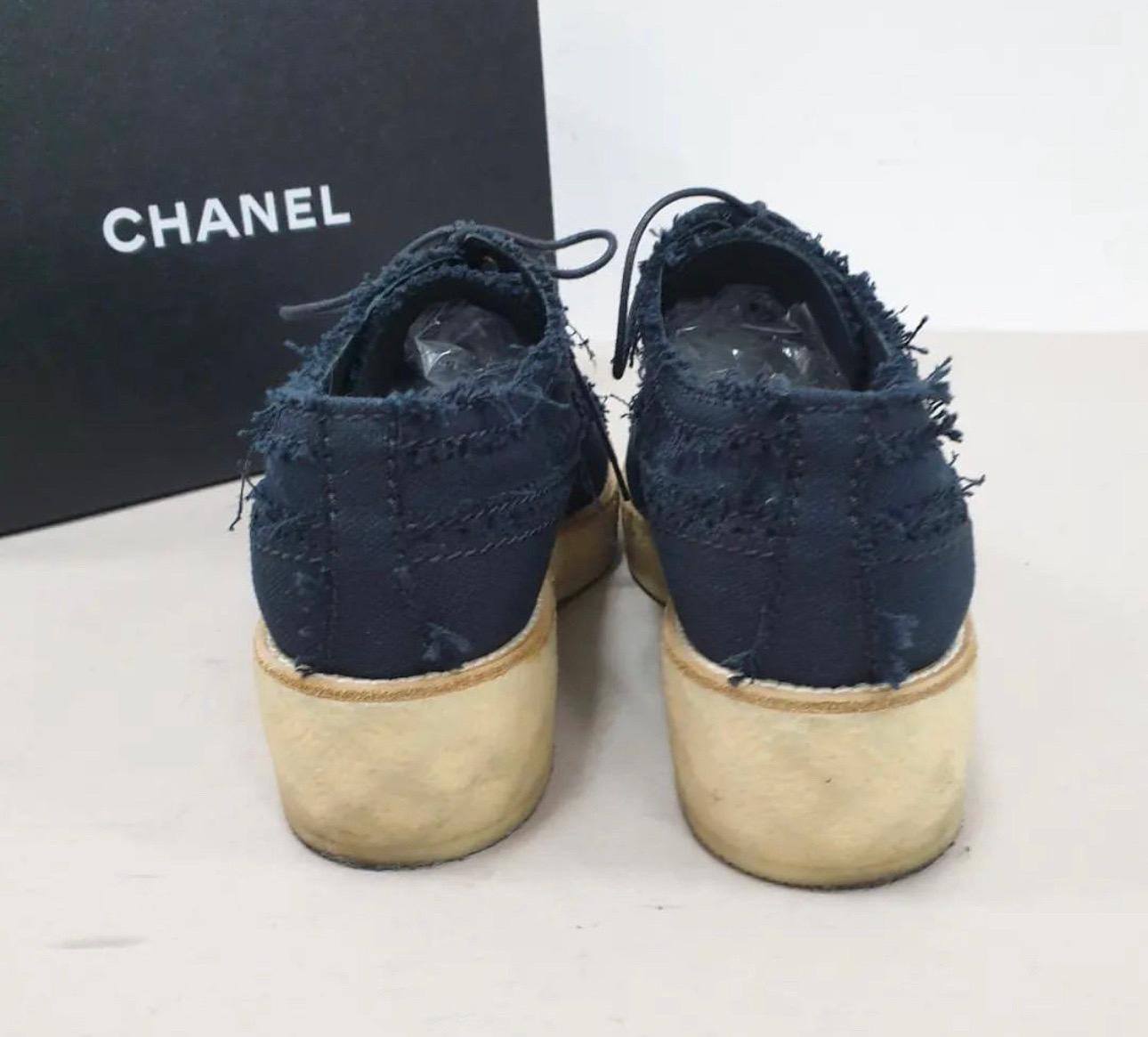Black Chanel Lace-ups Navy Blue Oxfords For Sale