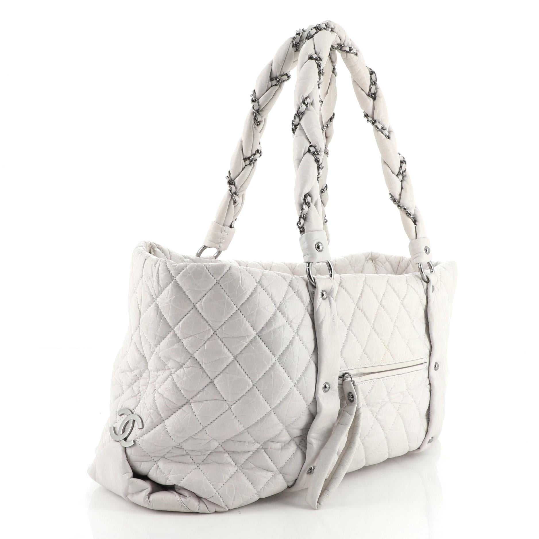 Gray Chanel Lady Braid Shopping Tote Quilted Distressed Lambskin XL