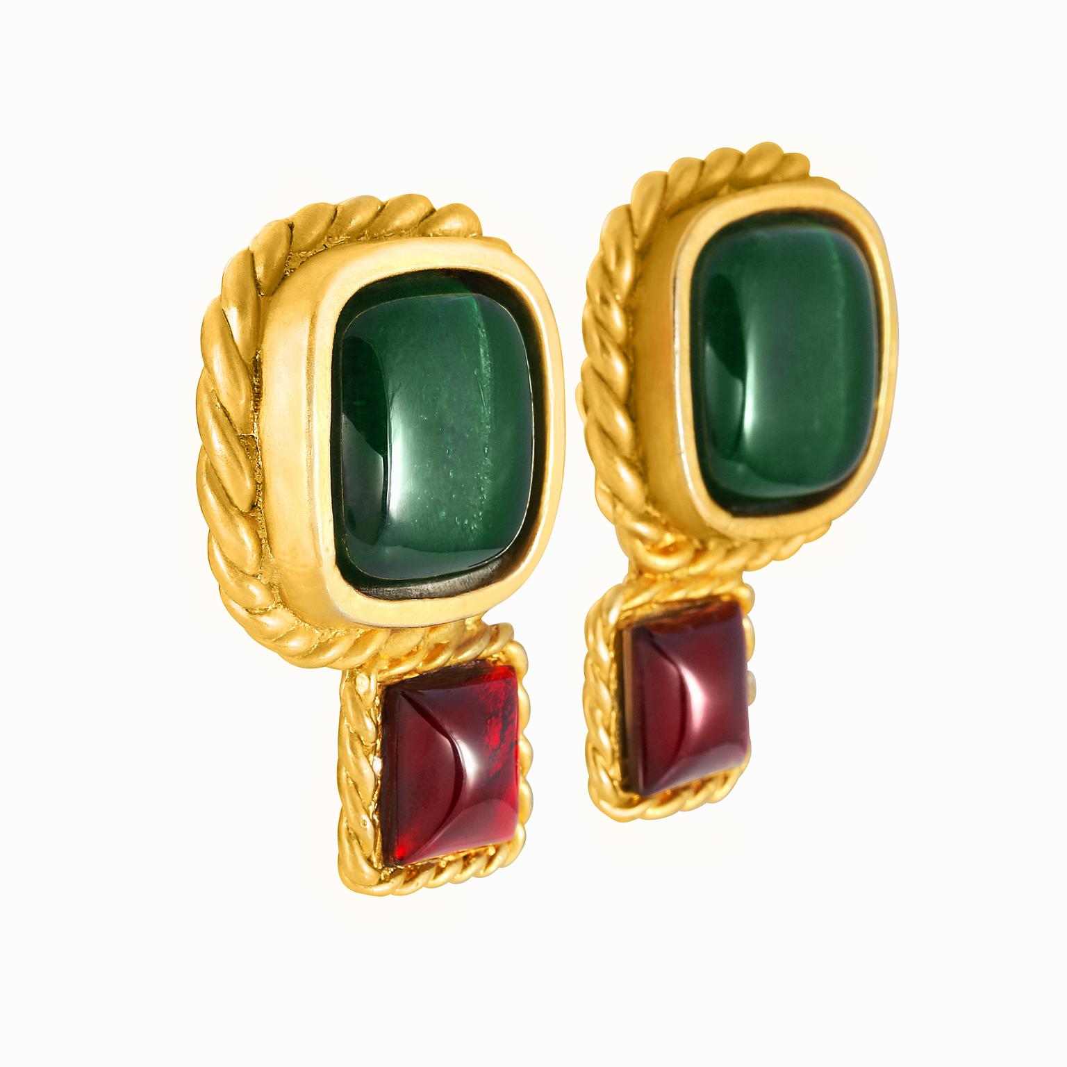 Chanel Lagerfeld Green and Red Gripoix Earrings In Good Condition For Sale In Palm Beach, FL