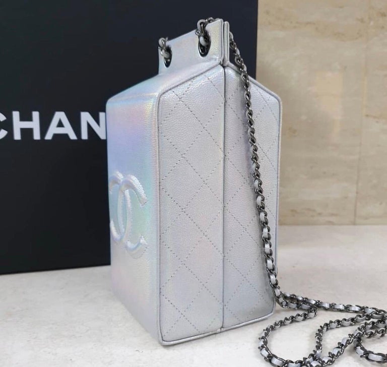 Chanel Lait De Coco Milk Carton Iridescent Silver Leather Cross Body Bag