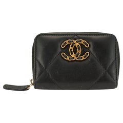 Chanel Lambskin Black Quilted Chanel 19 Zip Around Coin Purse Wallet Bag