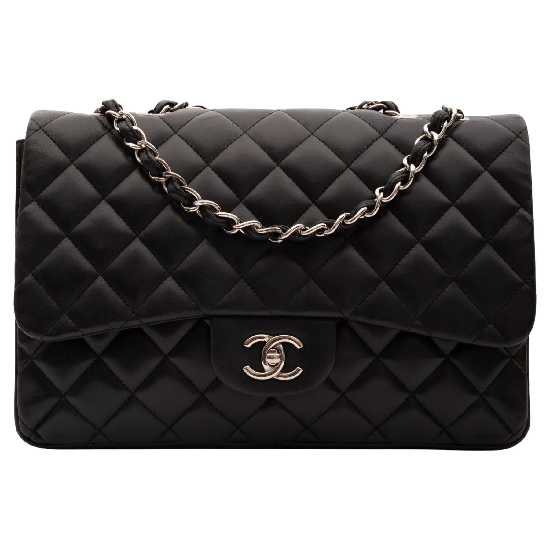 Chanel Lambskin Black Quilted Jumbo Single Flap (Circa 2009) For Sale