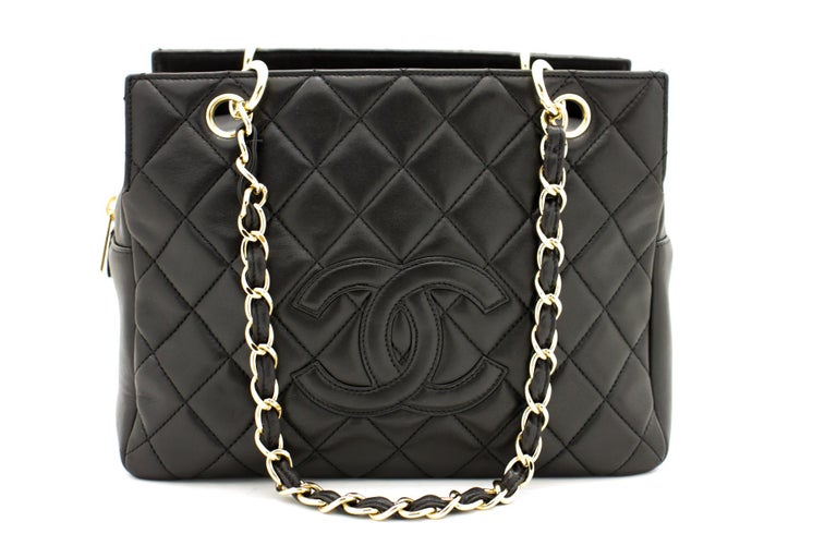 CHANEL Lambskin Chain Shoulder Shopping Tote Bag Black Quilted For Sale