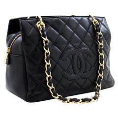 CHANEL Lambskin Chain Shoulder Shopping Tote Bag Black Quilted