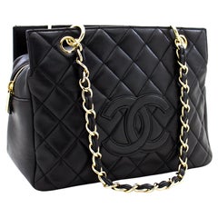 CHANEL Lambskin Chain Shoulder Shopping Tote Bag Black Quilted