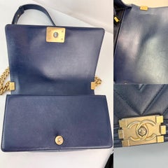 CHANEL Lambskin Chevron Quilted Medium Boy Flap Navy Blue Shoulder Bag