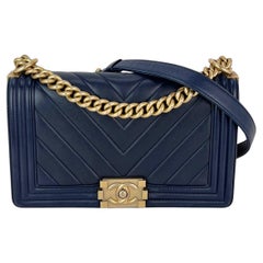 CHANEL Lambskin Chevron Quilted Medium Boy Flap Navy Blue Shoulder Bag