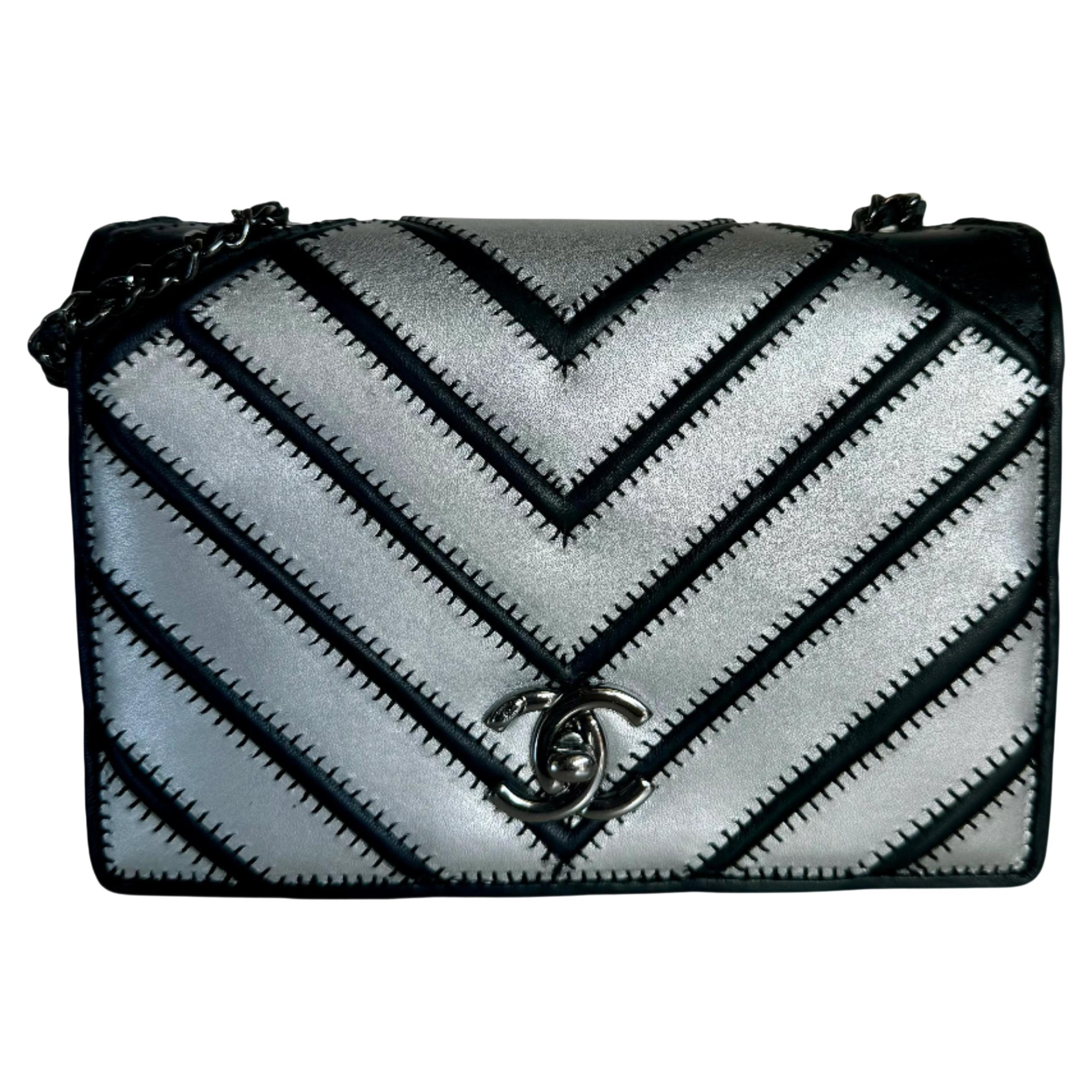 Chanel Lambskin Chevron Quilted Small Couture Flap Black Silver, 2016-2017 For Sale
