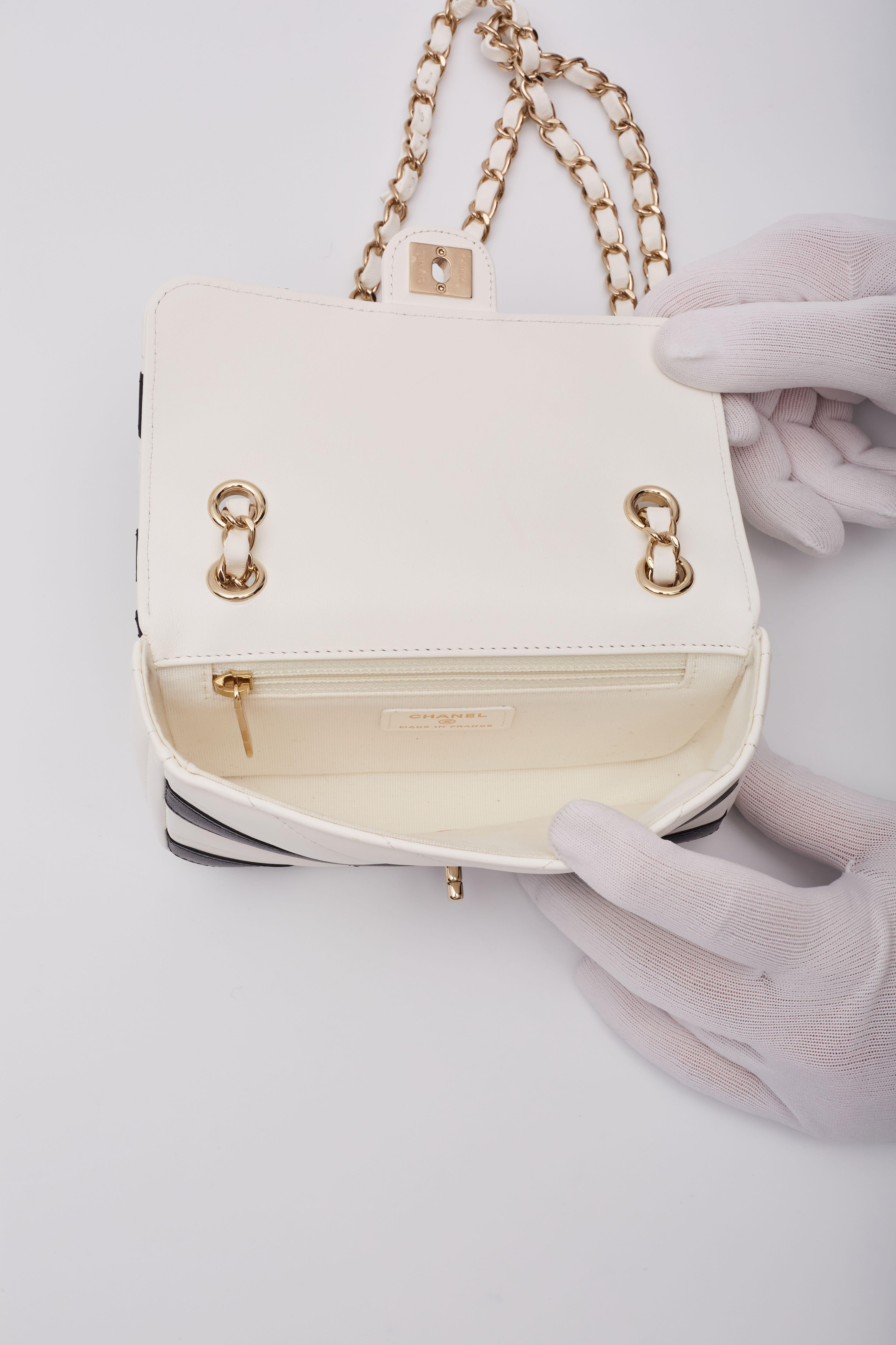 Chanel Lambskin Chevron Stitched White Black Flap Bag For Sale 5