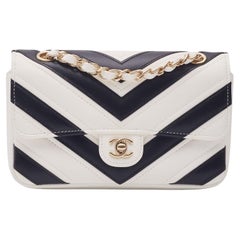 Chanel Lambskin Chevron Stitched White Black Flap Bag