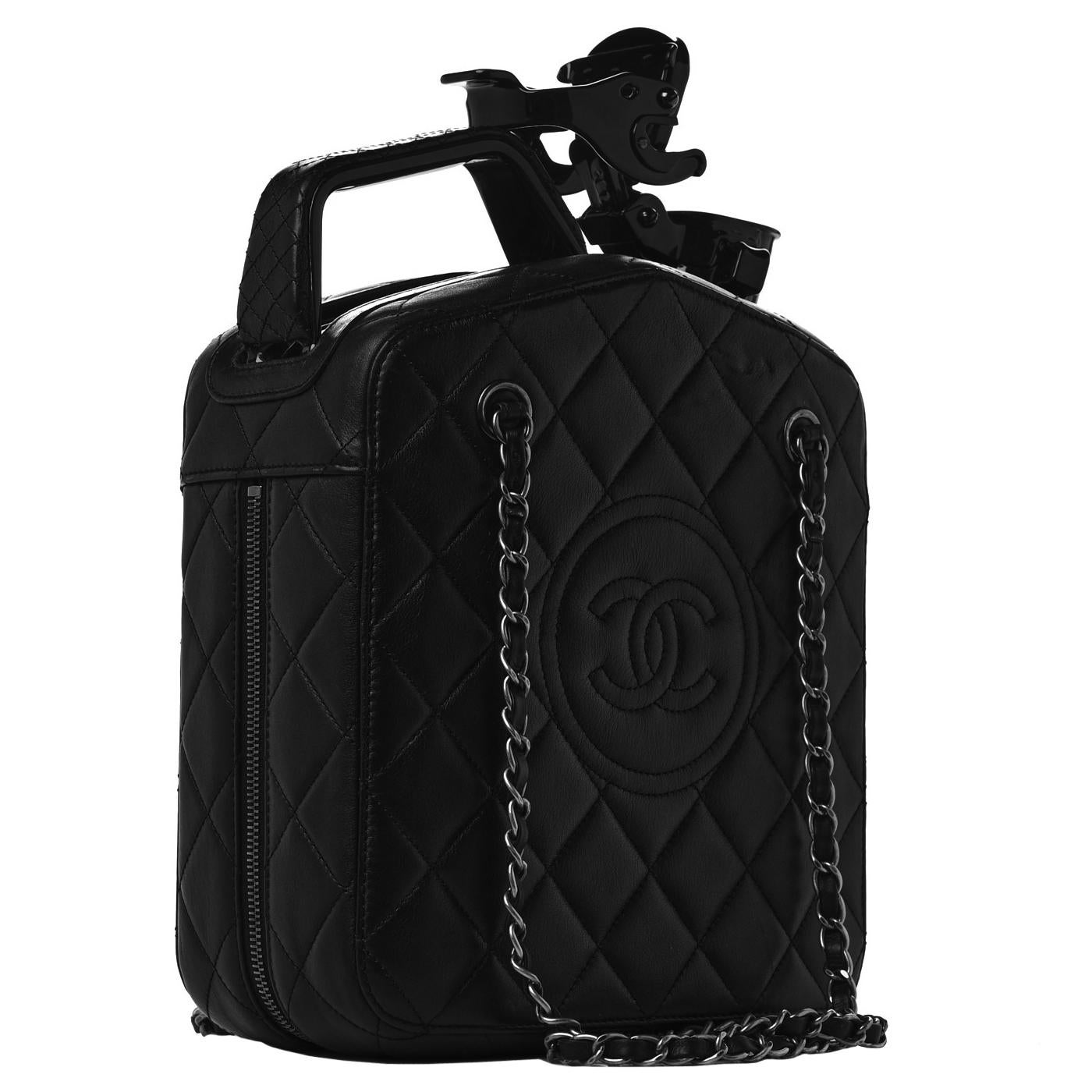 This is an authentic CHANEL Lambskin Dubai By Night Gas Tank Bag in Black. This stunning piece from the 2015 Cruise Collection is featured in black lambskin, trimmed with black hardware. This utilitarian-meets-luxury bag can be worn across the