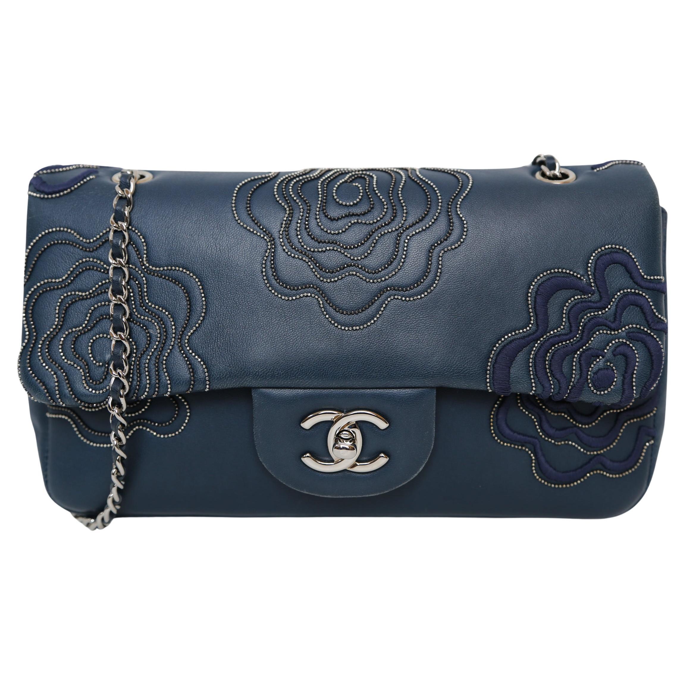 Chanel Lambskin Embroidered Camelia Flap Bag For Sale