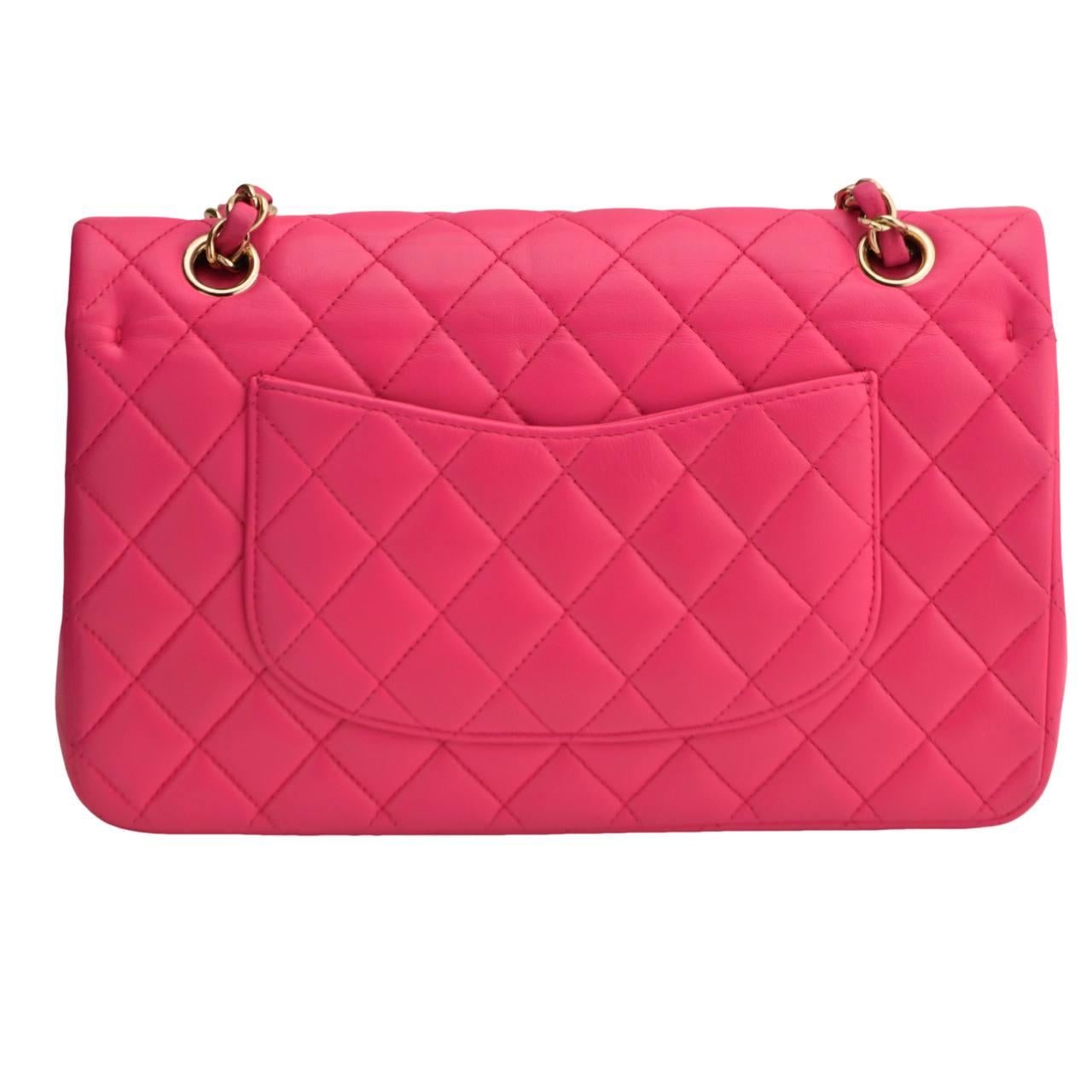 Red Chanel Lambskin Fuchsia Quilted Medium Classic Double Flap Bag For Sale