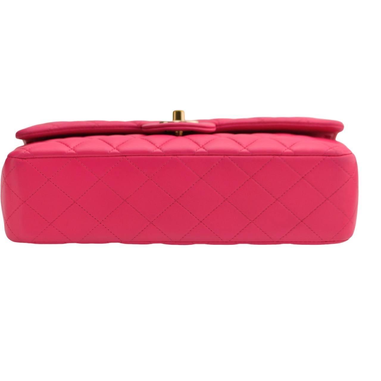 Chanel Lambskin Fuchsia Quilted Medium Classic Double Flap Bag In Excellent Condition For Sale In Banbury, GB