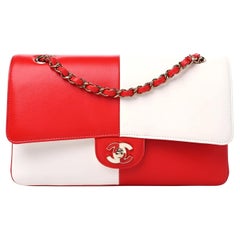Chanel Lambskin Geometric Colorblock Medium Double Flap Red White