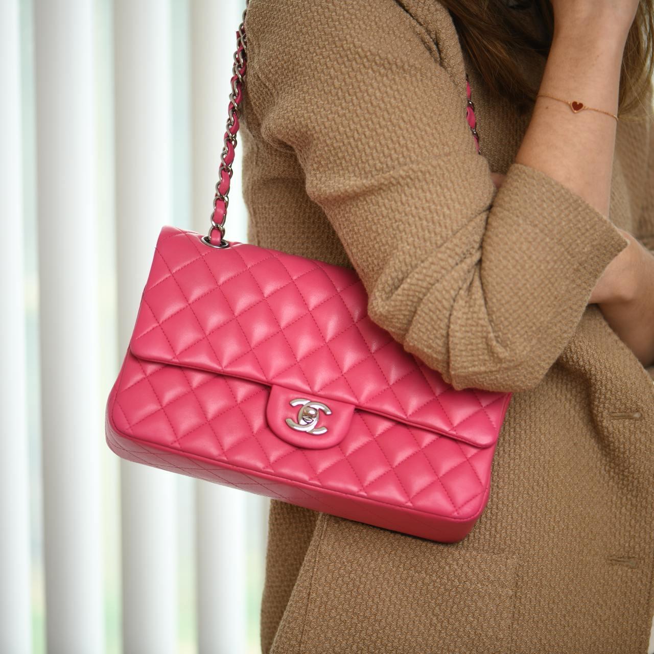 Chanel Lambskin Hot Pink Quilted Medium Classic Double Flap Bag In Excellent Condition In Banbury, GB