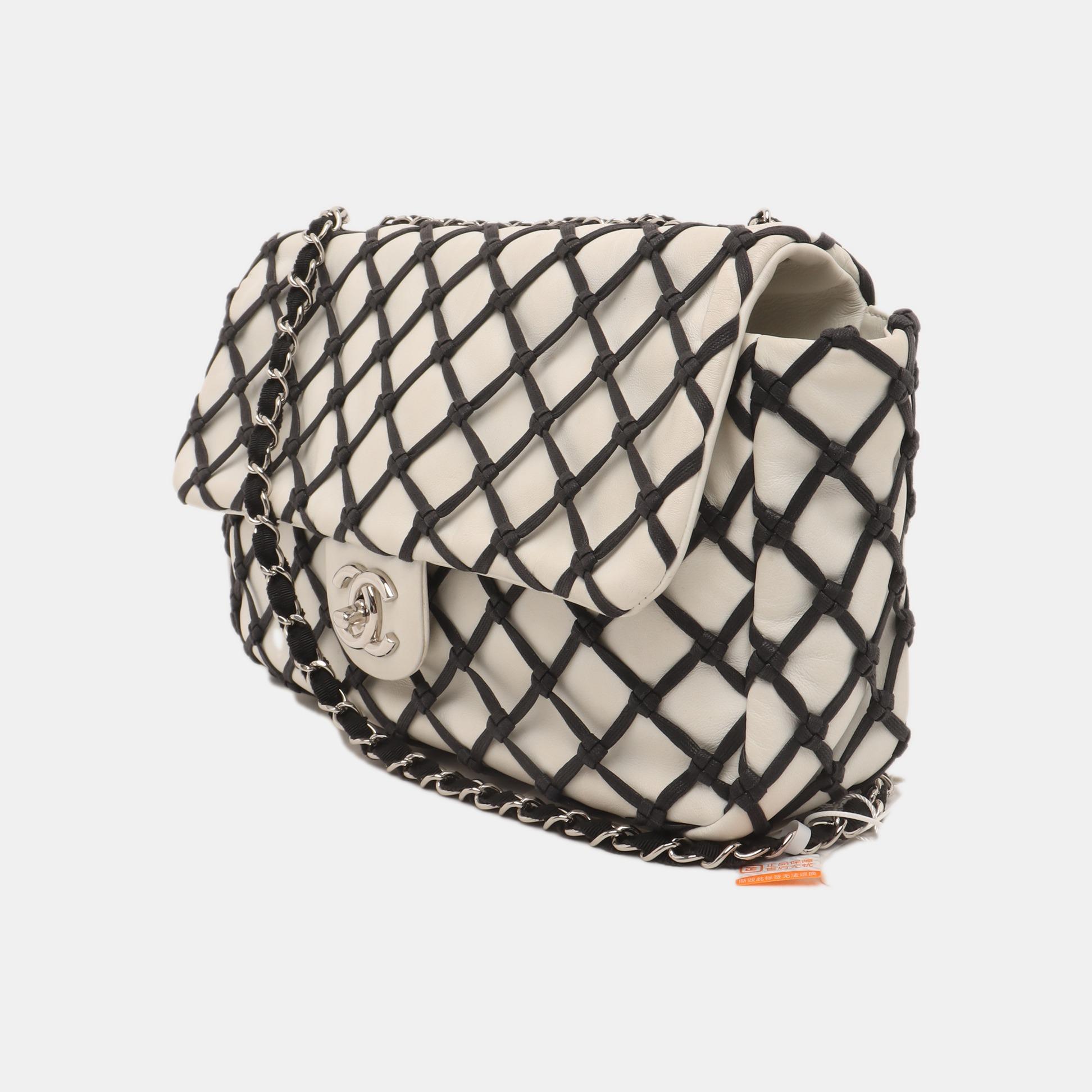 Beige Chanel Lambskin Jumbo Canebiers Net Knots Flap White, 2011