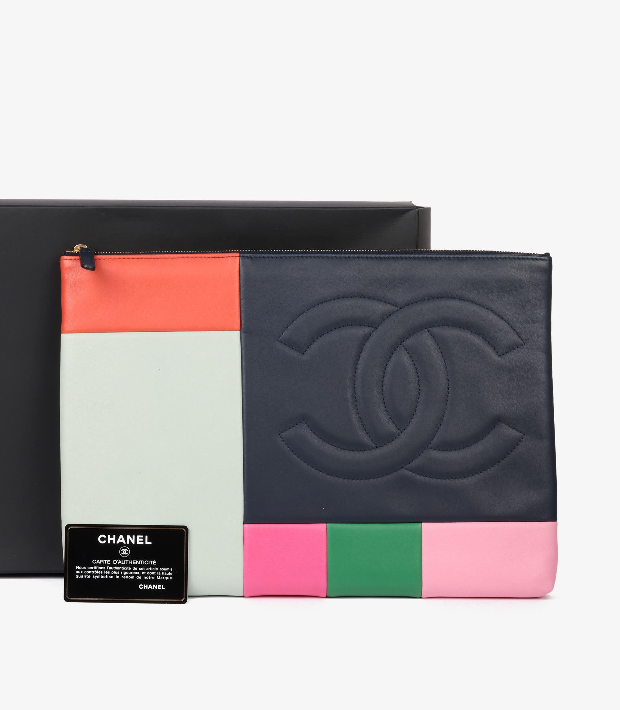 Chanel Navy, Mint Green, Orange. Green, Fuchsia & Pink Lambskin Leather Patchwork O-Case Clutch

Brand- Chanel
Model- Patchwork O-Case Clutch
Product Type- Pouch
Serial Number- 21******
Age- Circa 2015
Accompanied By- Chanel Box, Authenticty
