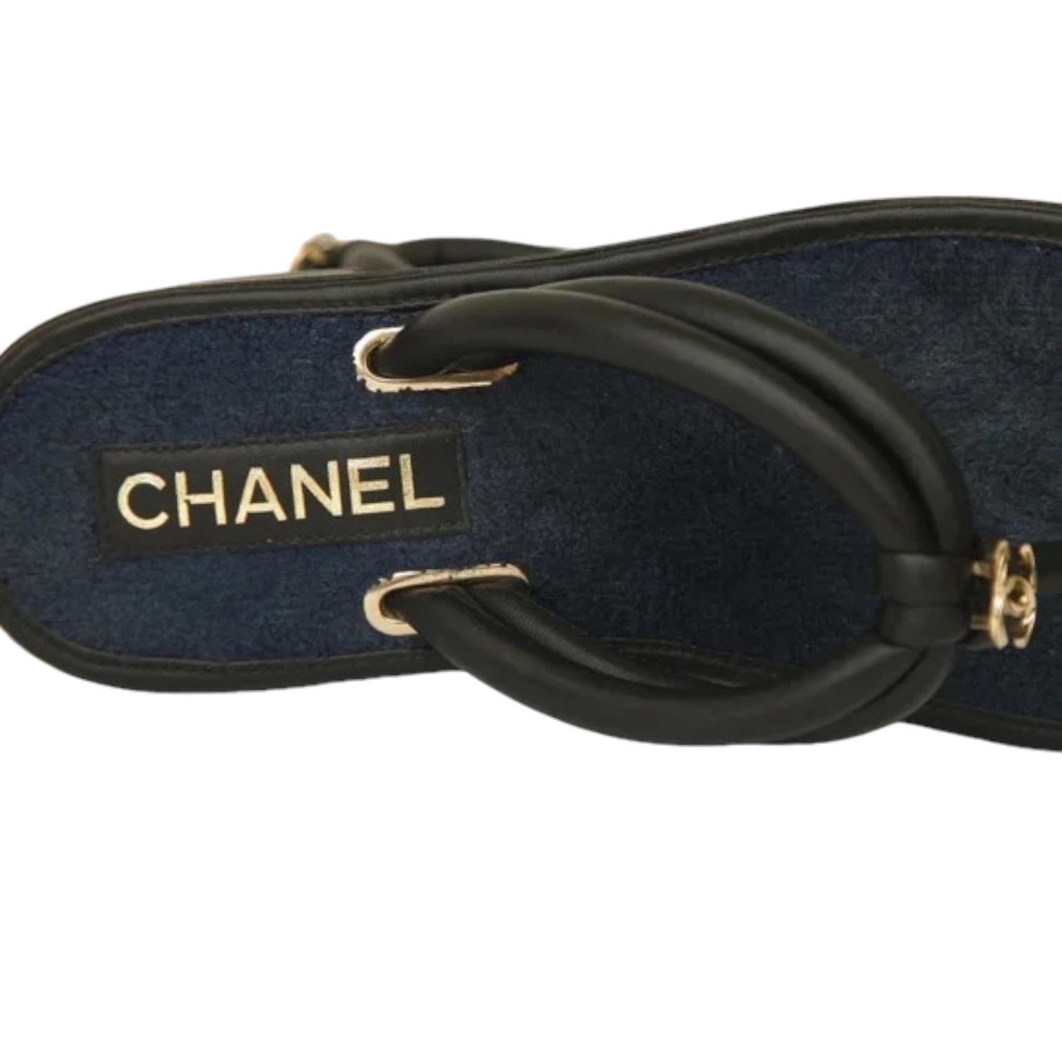 CHANEL Lambskin Leather Slide Thong Sandals Fabric Black Navy Gold CC 38C 6